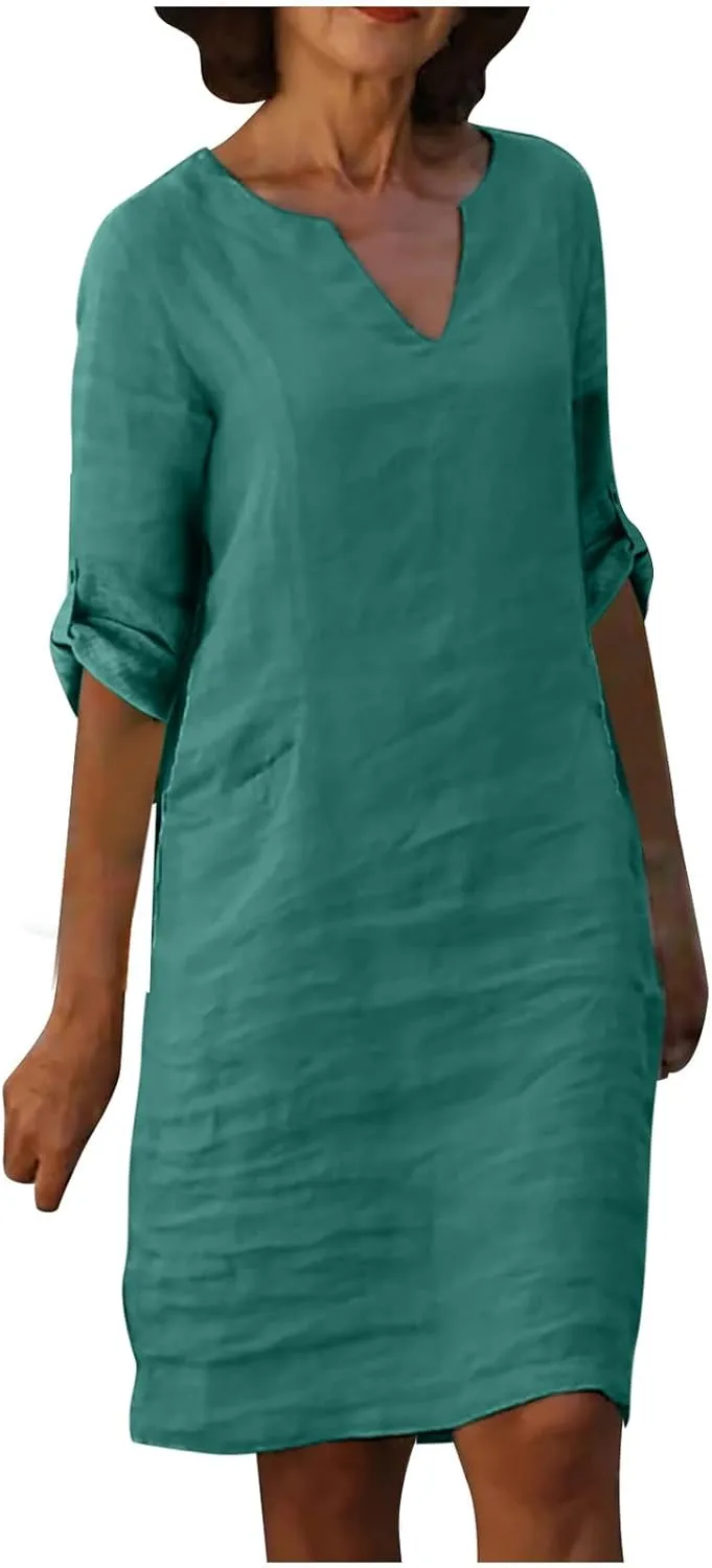 Summer Dresses for Women 2025 Long Sleeve Casual V Neck Vacation Beach Work Trendy Cotton Linen Tshirt Dress