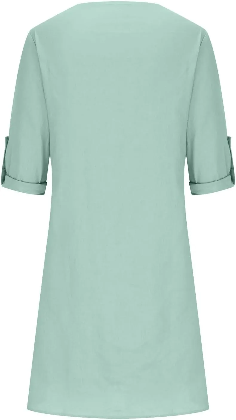 Summer Dresses for Women 2025 Long Sleeve Casual V Neck Vacation Beach Work Trendy Cotton Linen Tshirt Dress