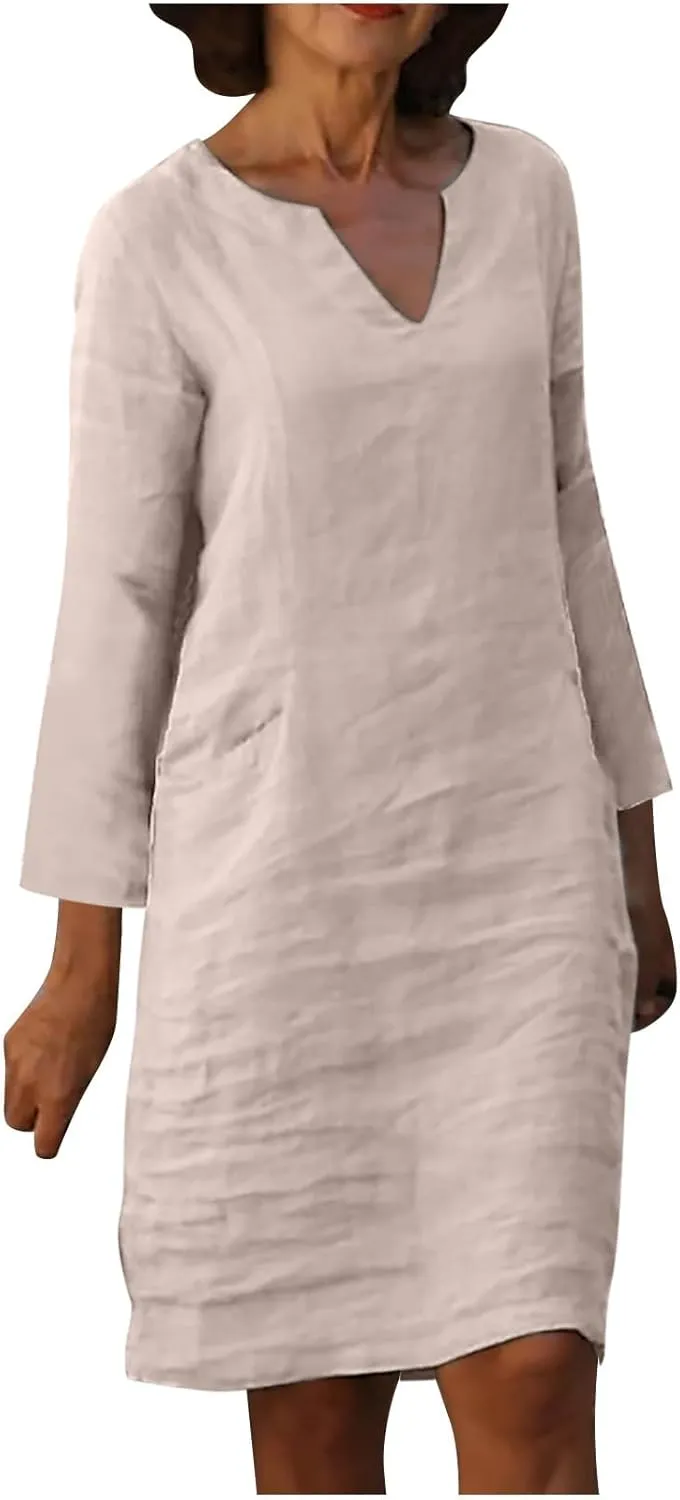 Summer Dresses for Women 2025 Long Sleeve Casual V Neck Vacation Beach Work Trendy Cotton Linen Tshirt Dress
