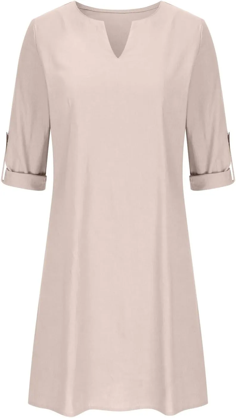 Summer Dresses for Women 2025 Long Sleeve Casual V Neck Vacation Beach Work Trendy Cotton Linen Tshirt Dress