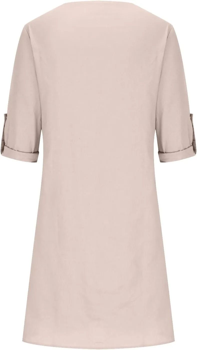 Summer Dresses for Women 2025 Long Sleeve Casual V Neck Vacation Beach Work Trendy Cotton Linen Tshirt Dress