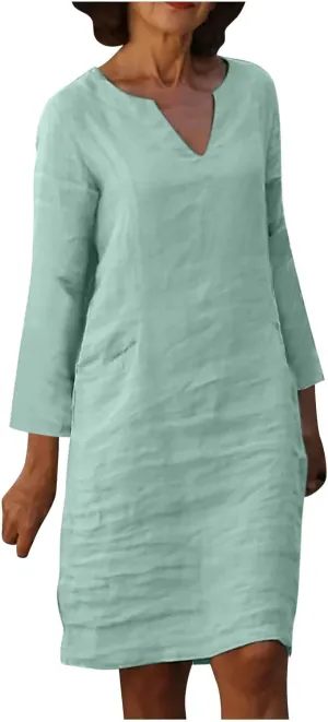 Summer Dresses for Women 2025 Long Sleeve Casual V Neck Vacation Beach Work Trendy Cotton Linen Tshirt Dress