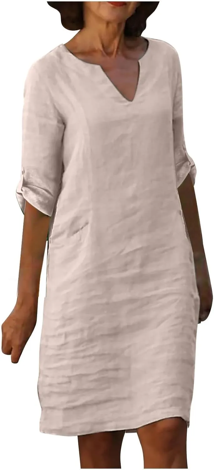 Summer Dresses for Women 2025 Long Sleeve Casual V Neck Vacation Beach Work Trendy Cotton Linen Tshirt Dress