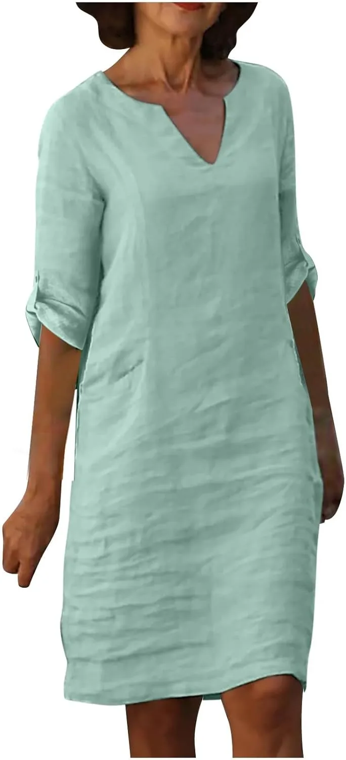 Summer Dresses for Women 2025 Long Sleeve Casual V Neck Vacation Beach Work Trendy Cotton Linen Tshirt Dress
