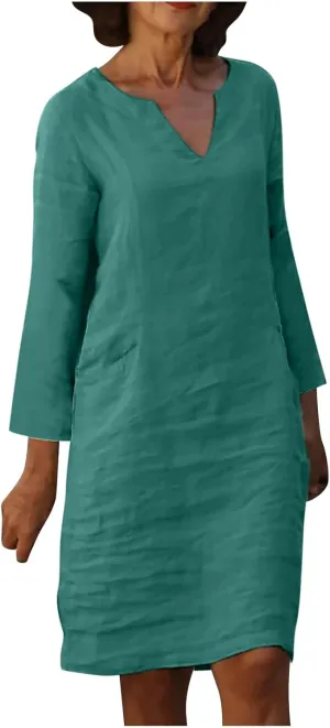 Summer Dresses for Women 2025 Long Sleeve Casual V Neck Vacation Beach Work Trendy Cotton Linen Tshirt Dress