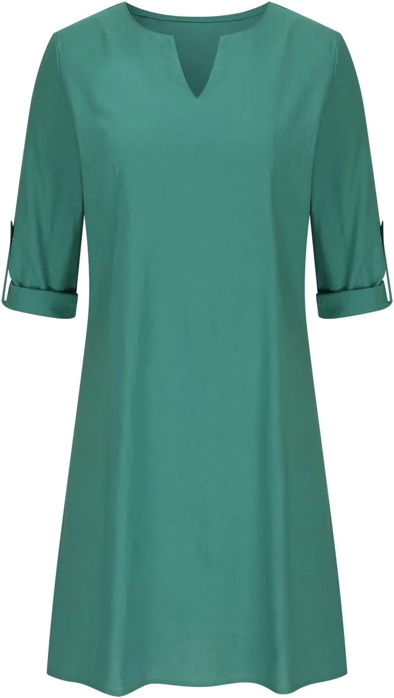 Summer Dresses for Women 2025 Long Sleeve Casual V Neck Vacation Beach Work Trendy Cotton Linen Tshirt Dress