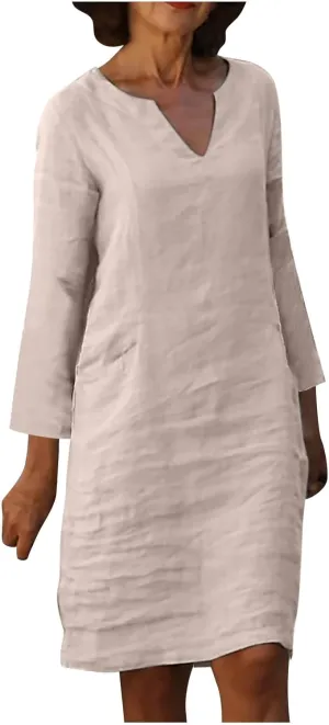 Summer Dresses for Women 2025 Long Sleeve Casual V Neck Vacation Beach Work Trendy Cotton Linen Tshirt Dress