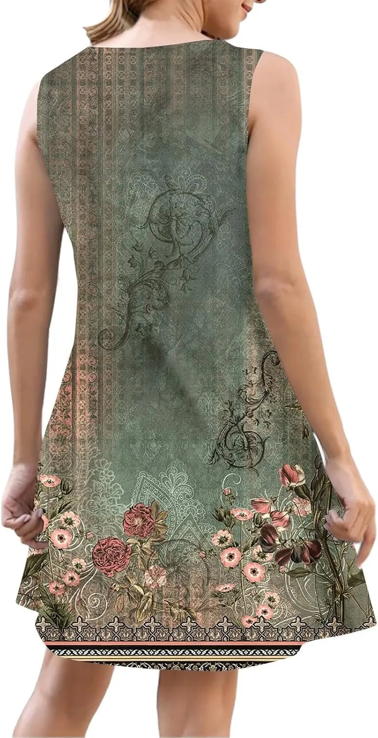 Summer Dresses for Women 2025 Sleeveless Beach Vacation Dress Casual V Neck Sundress Loose Tank Dress with Pockets