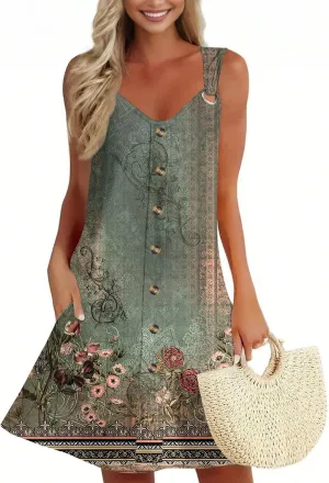Summer Dresses for Women 2025 Sleeveless Beach Vacation Dress Casual V Neck Sundress Loose Tank Dress with Pockets