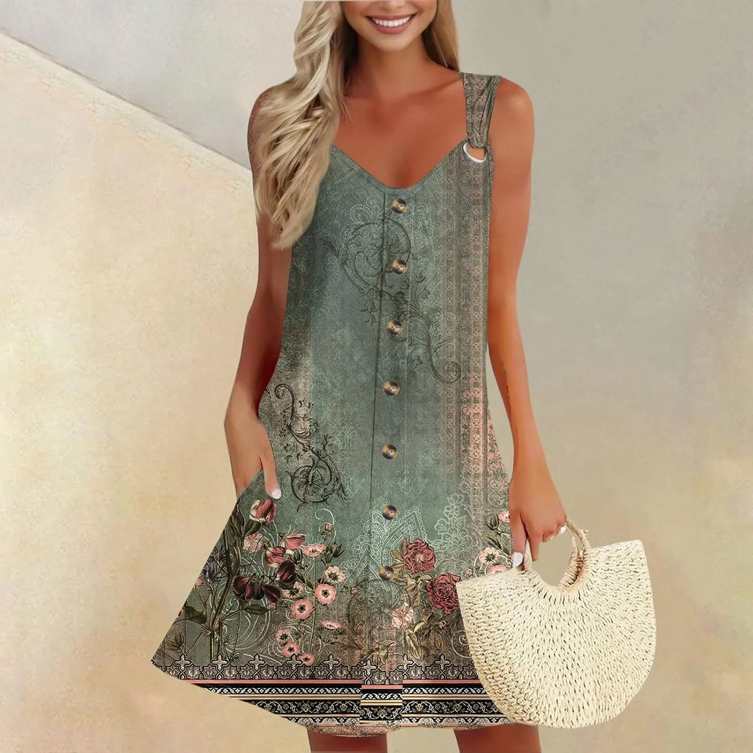 Summer Dresses for Women 2025 Sleeveless Beach Vacation Dress Casual V Neck Sundress Loose Tank Dress with Pockets