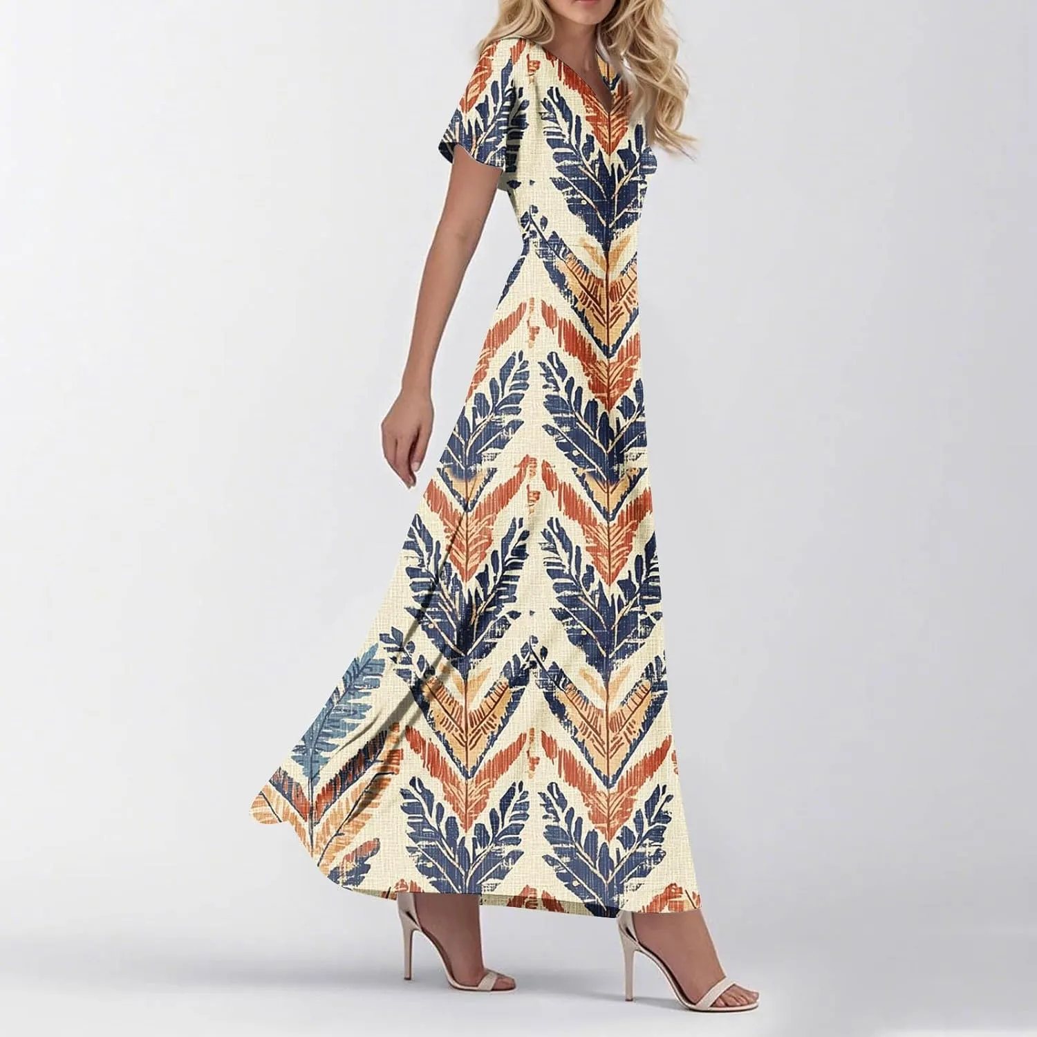 Summer Maxi Dresses for Womem 2025 V Neck Boho Flowy Short Sleeve Sundress High Waist Beach Vacation Dress