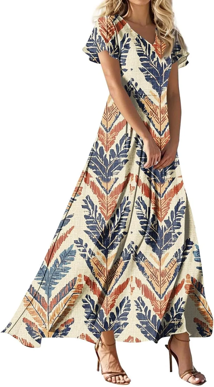 Summer Maxi Dresses for Womem 2025 V Neck Boho Flowy Short Sleeve Sundress High Waist Beach Vacation Dress