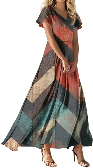 Summer Maxi Dresses for Womem 2025 V Neck Boho Flowy Short Sleeve Sundress High Waist Beach Vacation Dress
