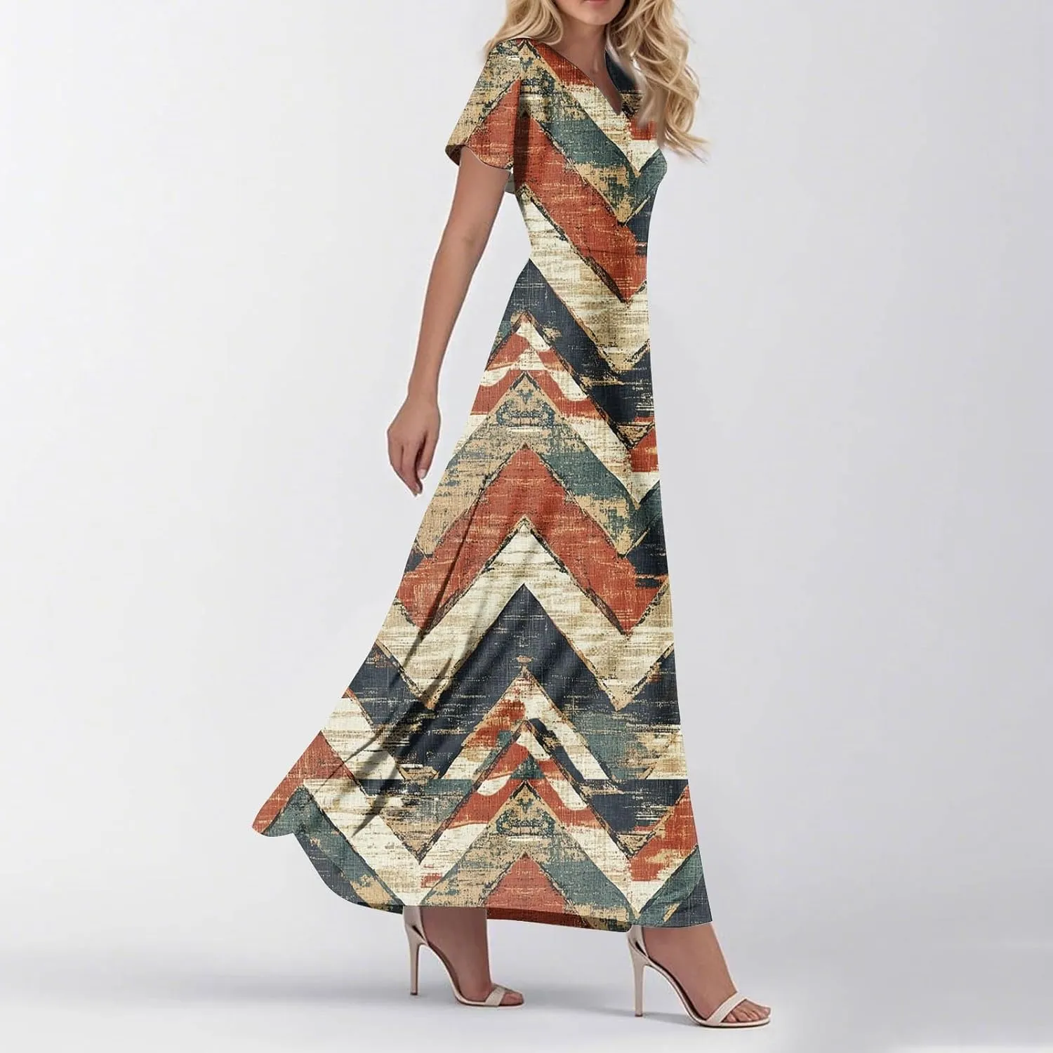 Summer Maxi Dresses for Womem 2025 V Neck Boho Flowy Short Sleeve Sundress High Waist Beach Vacation Dress