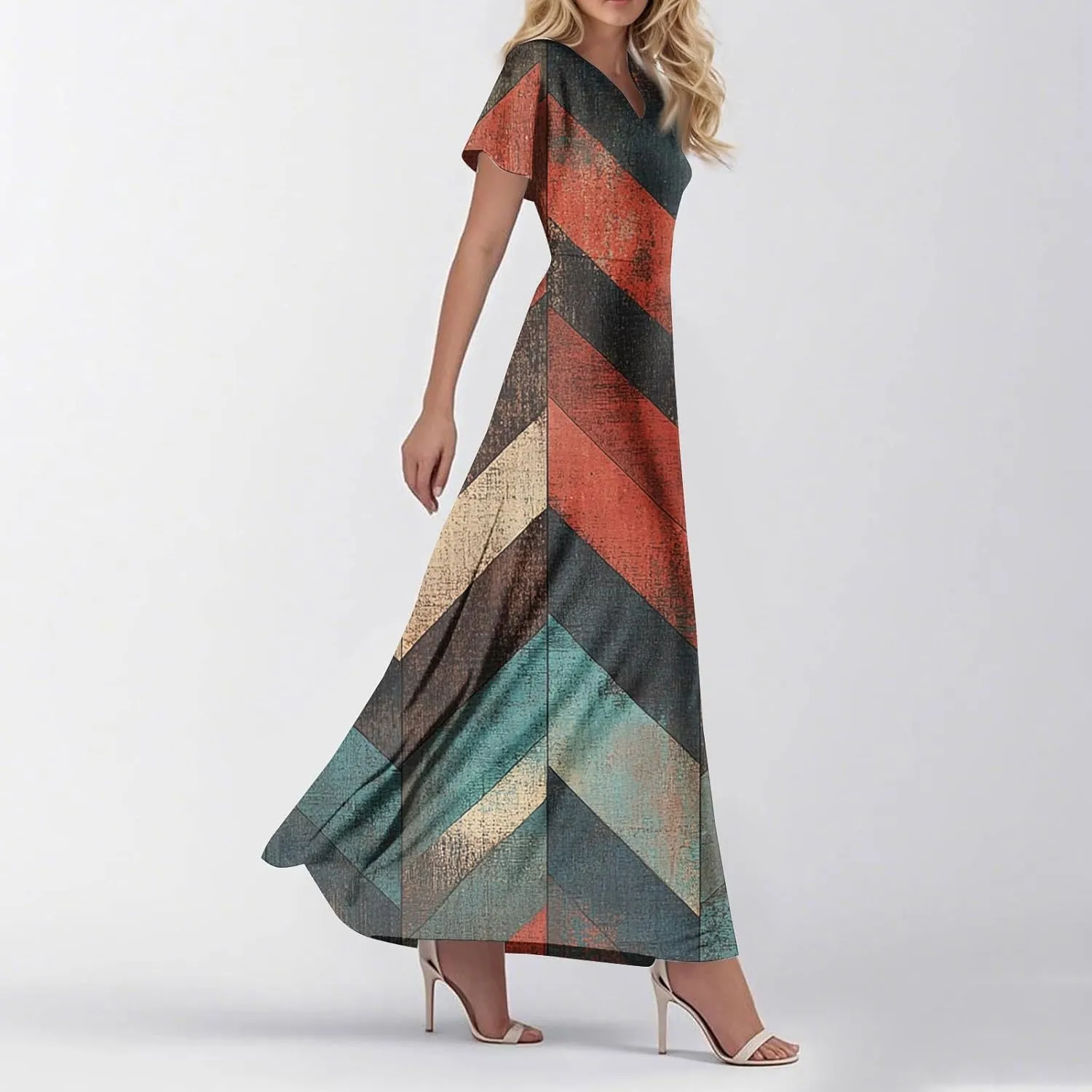 Summer Maxi Dresses for Womem 2025 V Neck Boho Flowy Short Sleeve Sundress High Waist Beach Vacation Dress