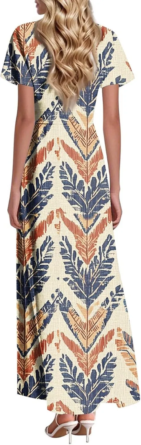 Summer Maxi Dresses for Womem 2025 V Neck Boho Flowy Short Sleeve Sundress High Waist Beach Vacation Dress