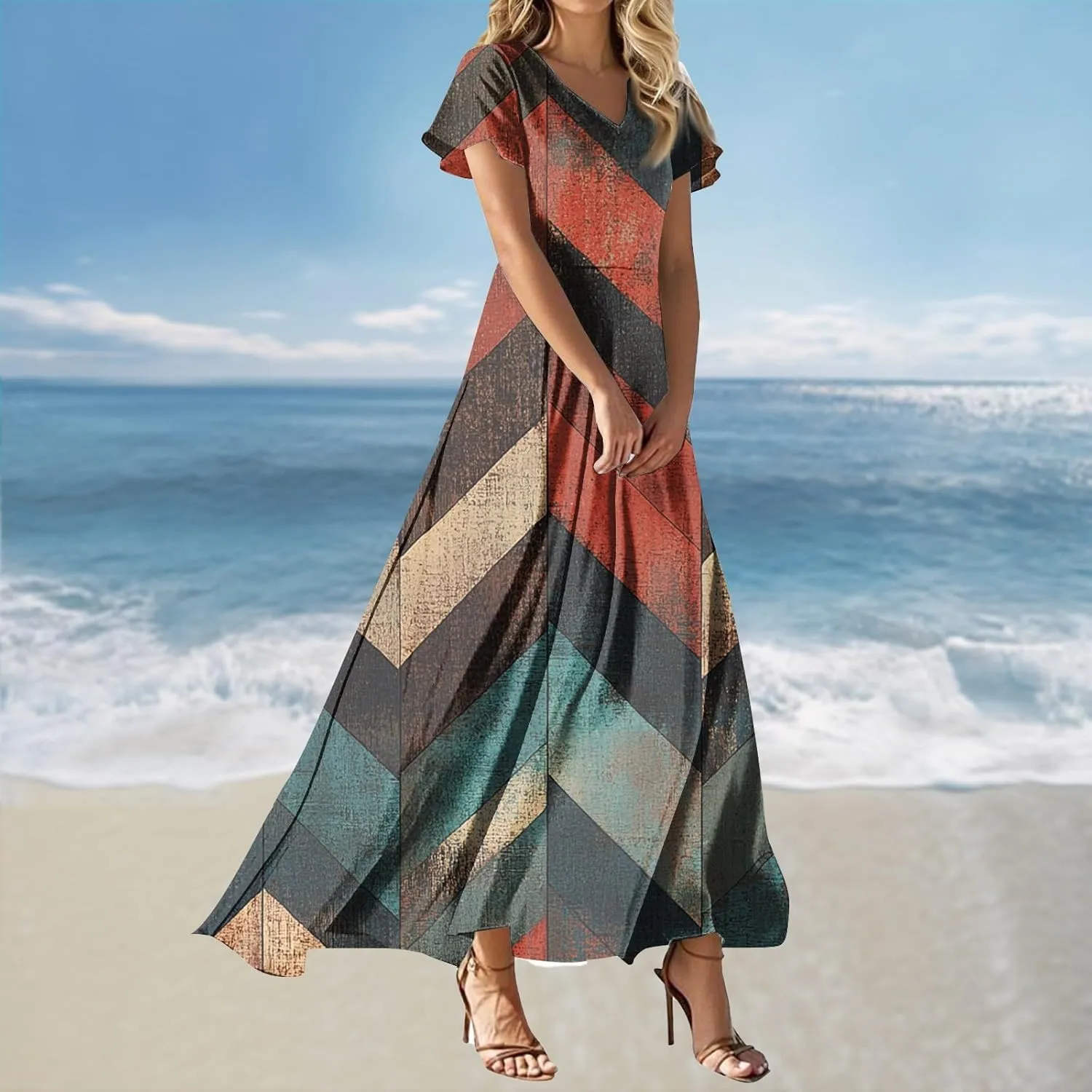 Summer Maxi Dresses for Womem 2025 V Neck Boho Flowy Short Sleeve Sundress High Waist Beach Vacation Dress
