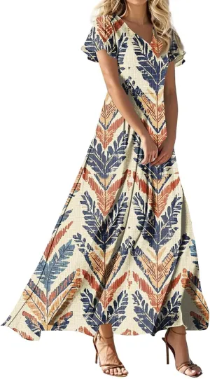 Summer Maxi Dresses for Womem 2025 V Neck Boho Flowy Short Sleeve Sundress High Waist Beach Vacation Dress