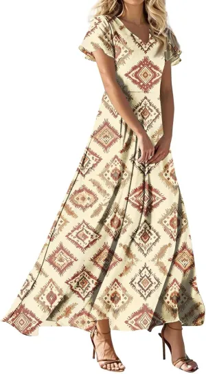 Summer Maxi Dresses for Womem 2025 V Neck Boho Flowy Short Sleeve Sundress High Waist Beach Vacation Dress