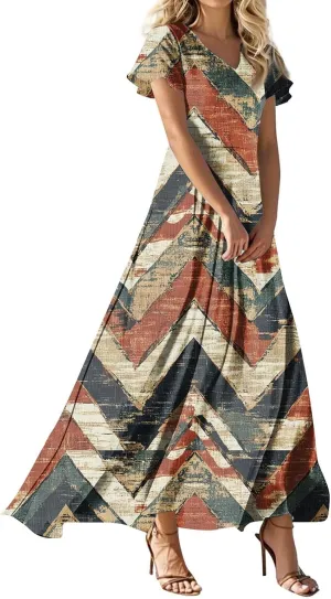 Summer Maxi Dresses for Womem 2025 V Neck Boho Flowy Short Sleeve Sundress High Waist Beach Vacation Dress