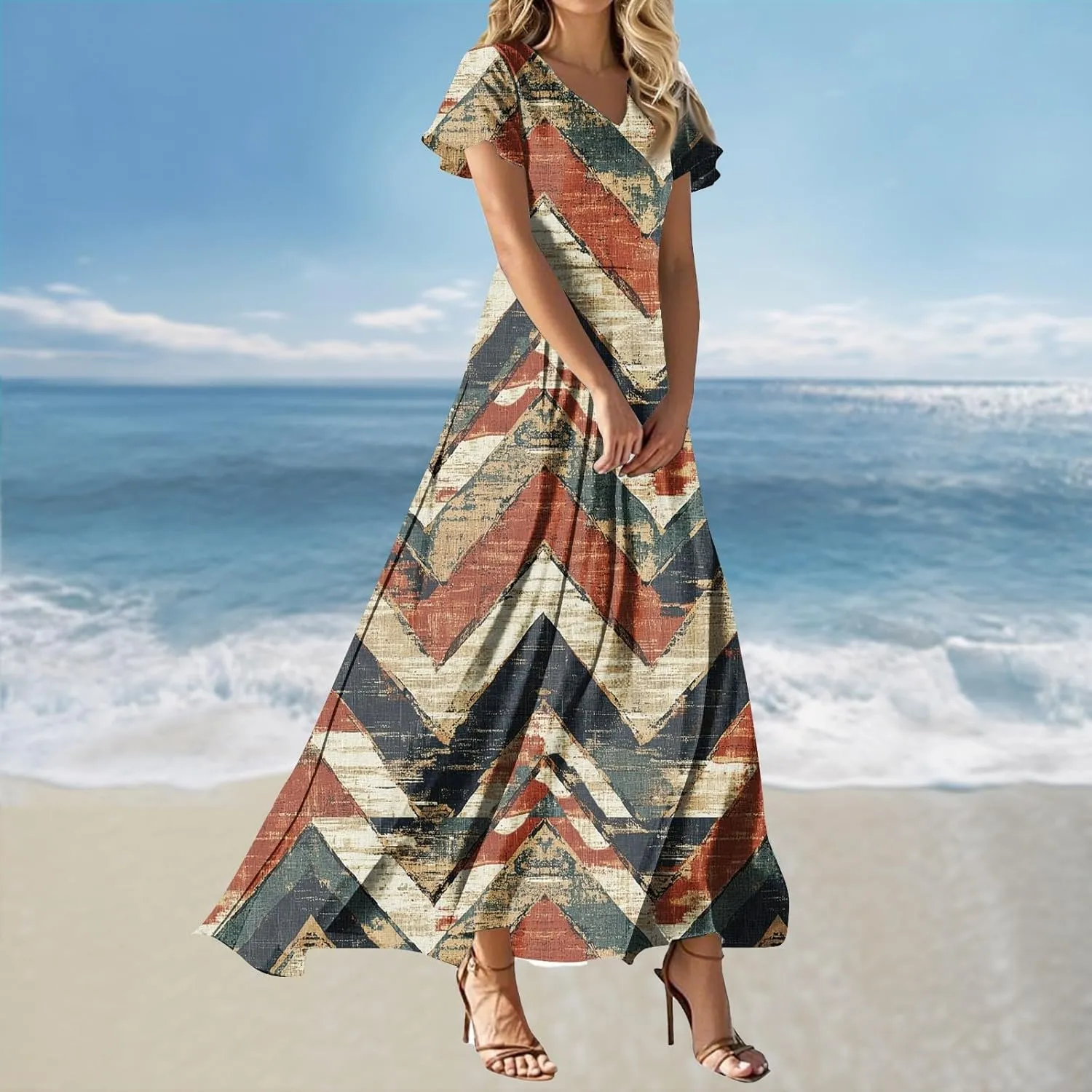 Summer Maxi Dresses for Womem 2025 V Neck Boho Flowy Short Sleeve Sundress High Waist Beach Vacation Dress