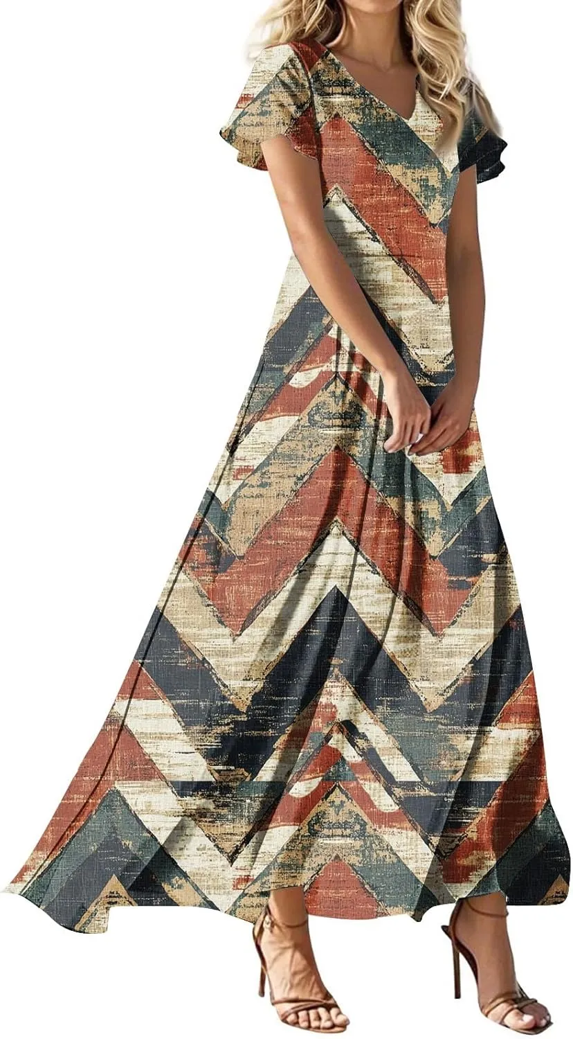 Summer Maxi Dresses for Womem 2025 V Neck Boho Flowy Short Sleeve Sundress High Waist Beach Vacation Dress