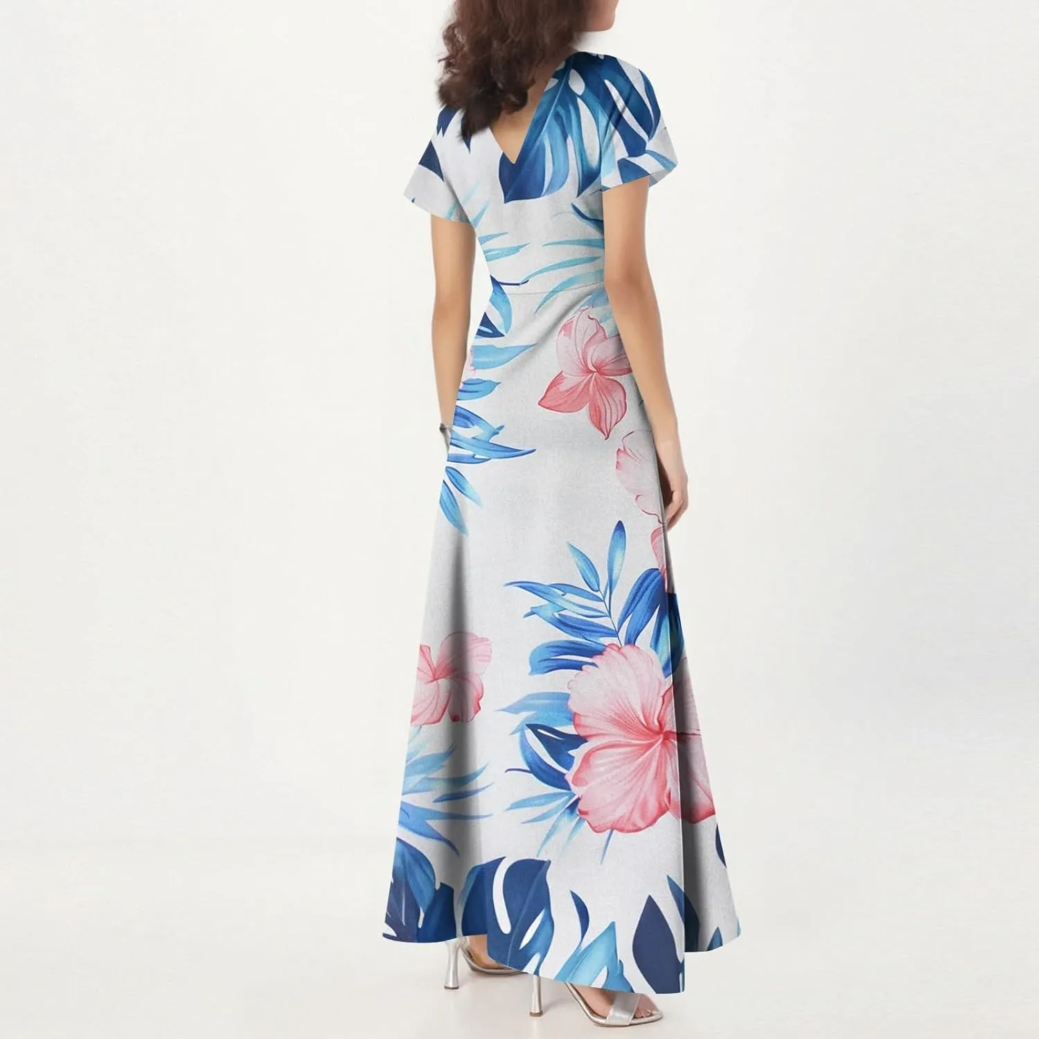 Summer Maxi Dresses for Womem 2025 V Neck Boho Flowy Short Sleeve Sundress High Waist Beach Vacation Dress
