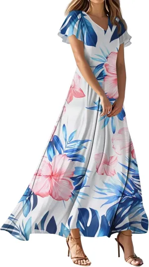 Summer Maxi Dresses for Womem 2025 V Neck Boho Flowy Short Sleeve Sundress High Waist Beach Vacation Dress