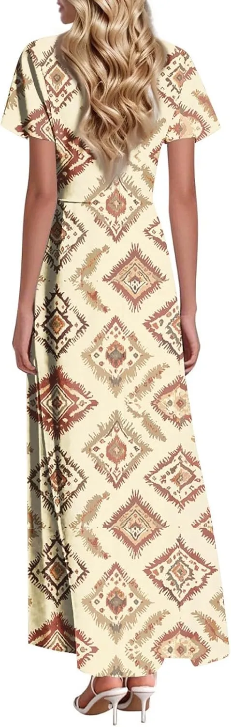 Summer Maxi Dresses for Womem 2025 V Neck Boho Flowy Short Sleeve Sundress High Waist Beach Vacation Dress