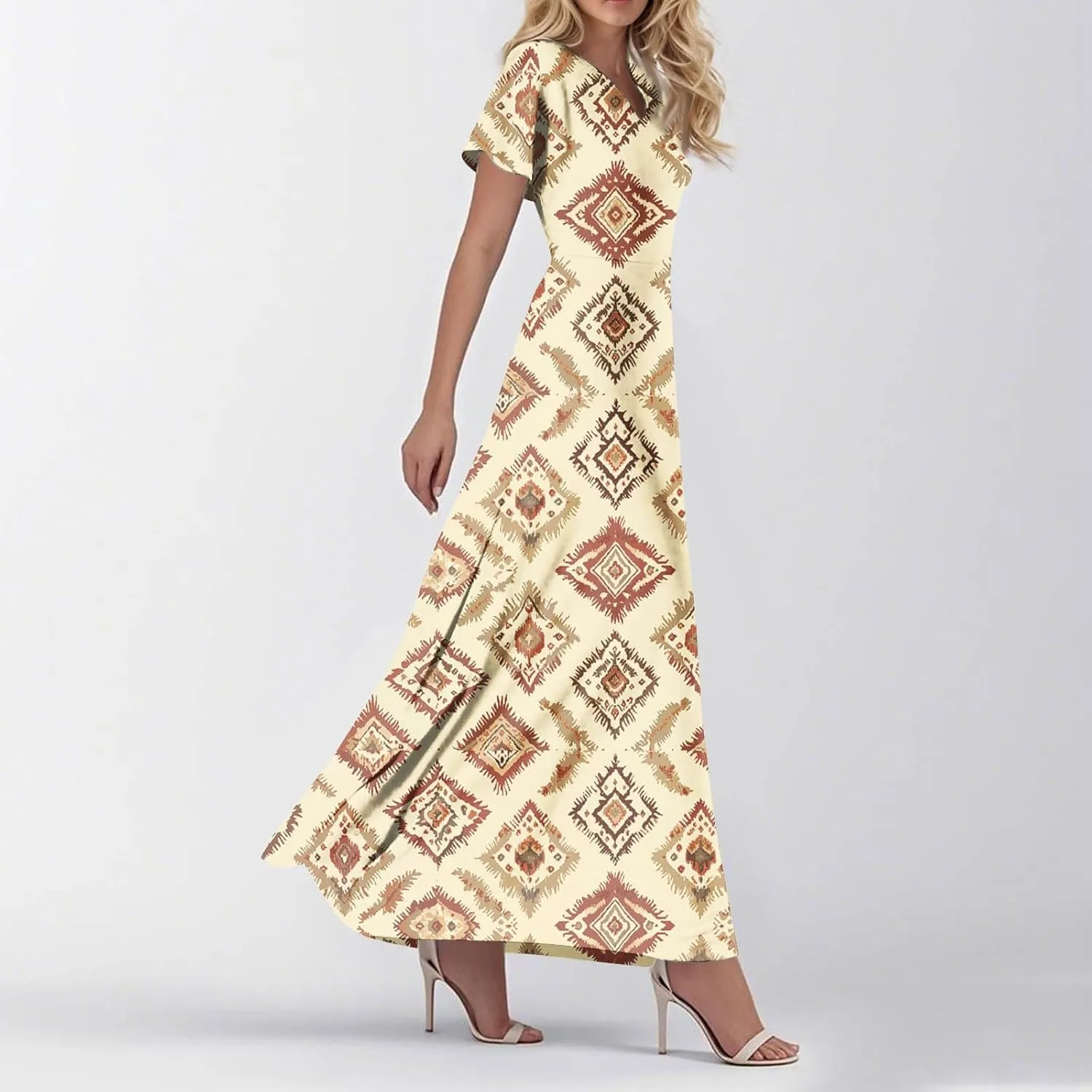 Summer Maxi Dresses for Womem 2025 V Neck Boho Flowy Short Sleeve Sundress High Waist Beach Vacation Dress