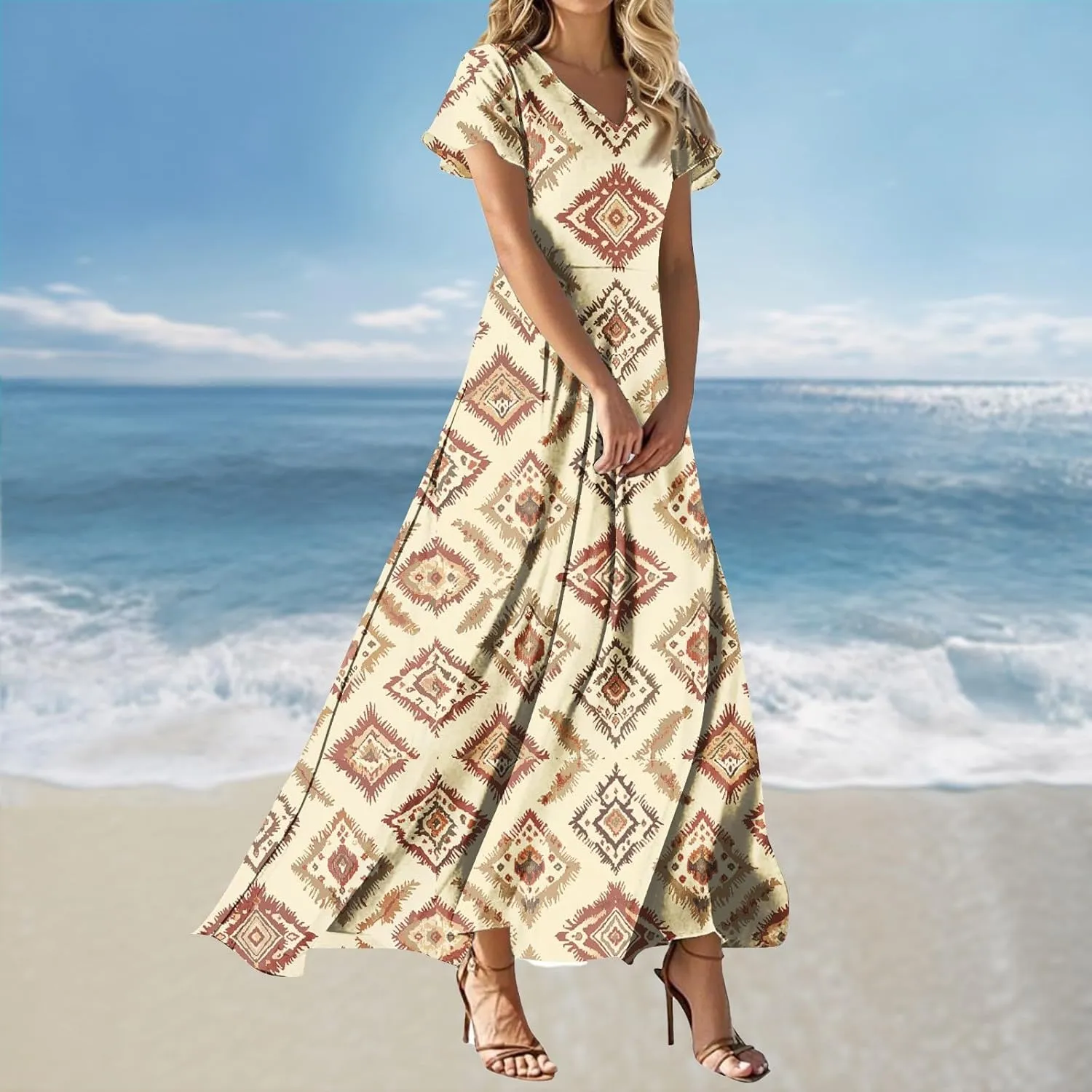Summer Maxi Dresses for Womem 2025 V Neck Boho Flowy Short Sleeve Sundress High Waist Beach Vacation Dress