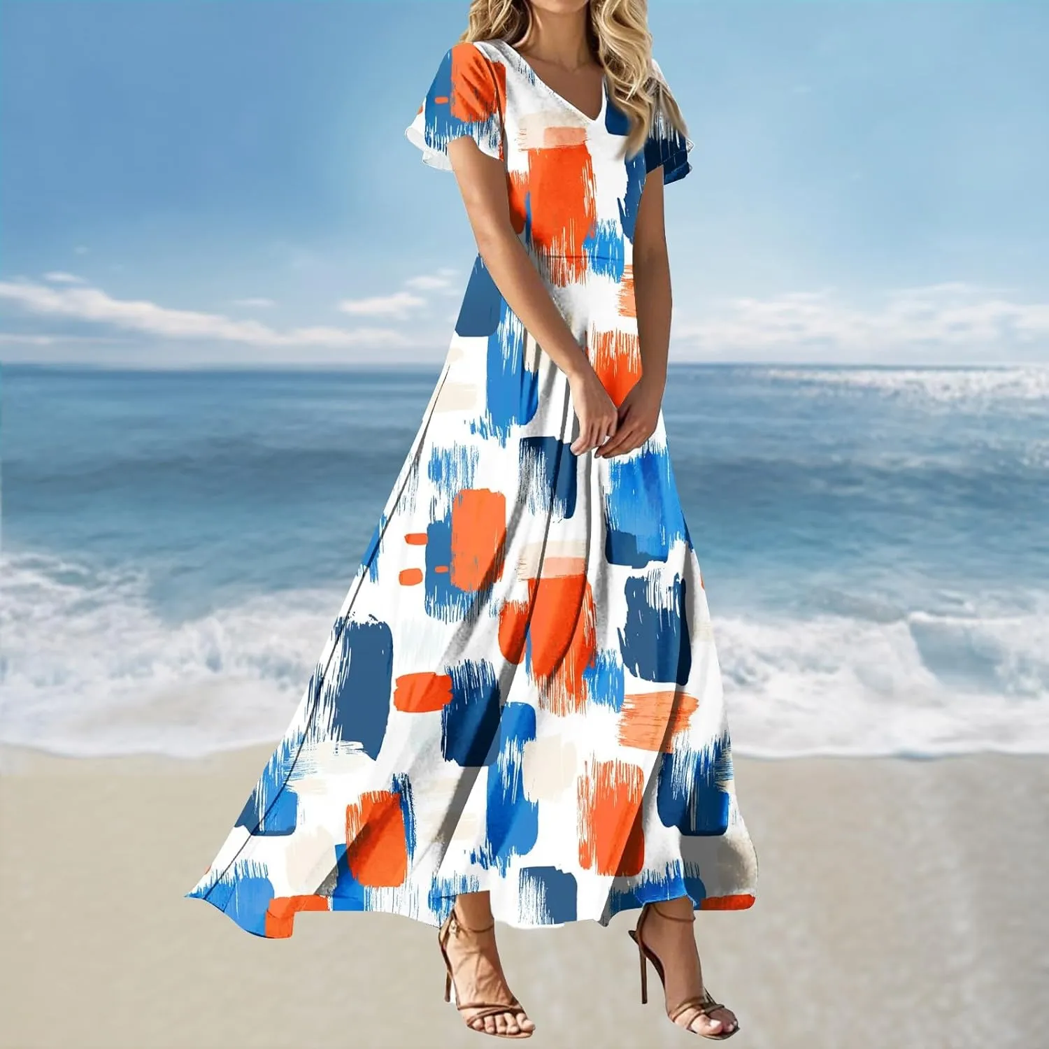Summer Maxi Dresses for Womem 2025 V Neck Boho Flowy Short Sleeve Sundress High Waist Beach Vacation Dress