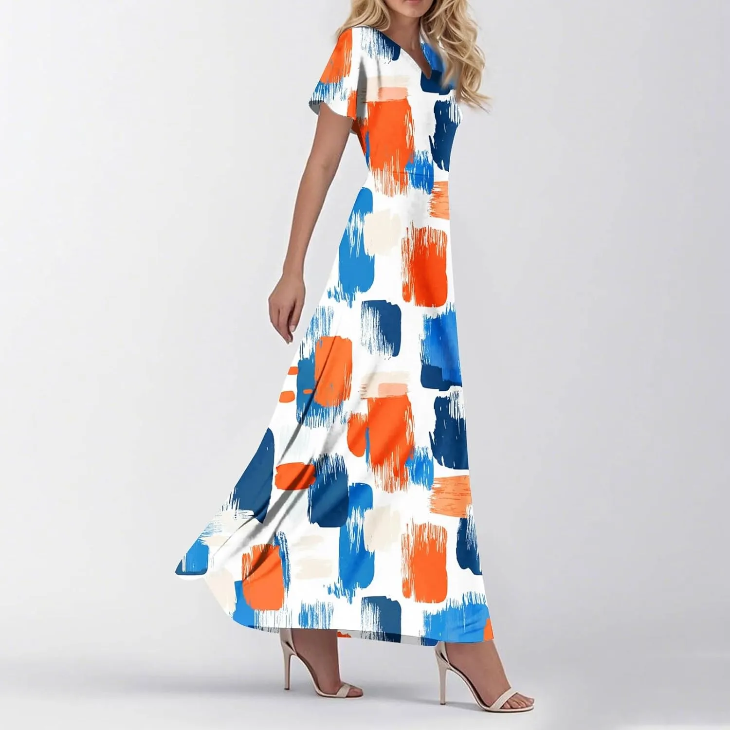 Summer Maxi Dresses for Womem 2025 V Neck Boho Flowy Short Sleeve Sundress High Waist Beach Vacation Dress