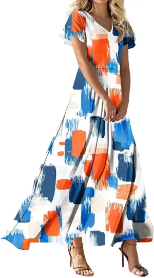 Summer Maxi Dresses for Womem 2025 V Neck Boho Flowy Short Sleeve Sundress High Waist Beach Vacation Dress