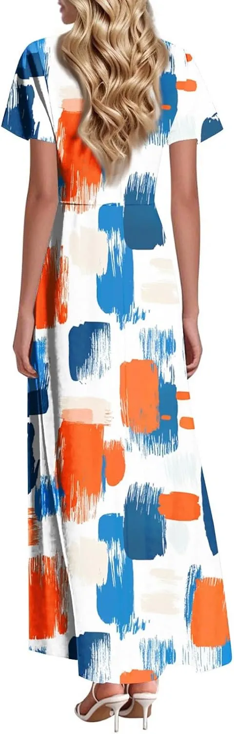 Summer Maxi Dresses for Womem 2025 V Neck Boho Flowy Short Sleeve Sundress High Waist Beach Vacation Dress