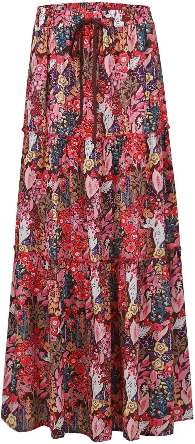 Summer Maxi Dresses for Women 2025 Drawstring High Waisted A Line Skirt Loose Tiered Smocked Skirts Long with Pockets