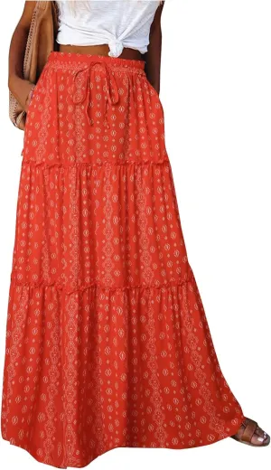 Summer Maxi Dresses for Women 2025 Drawstring High Waisted A Line Skirt Loose Tiered Smocked Skirts Long with Pockets