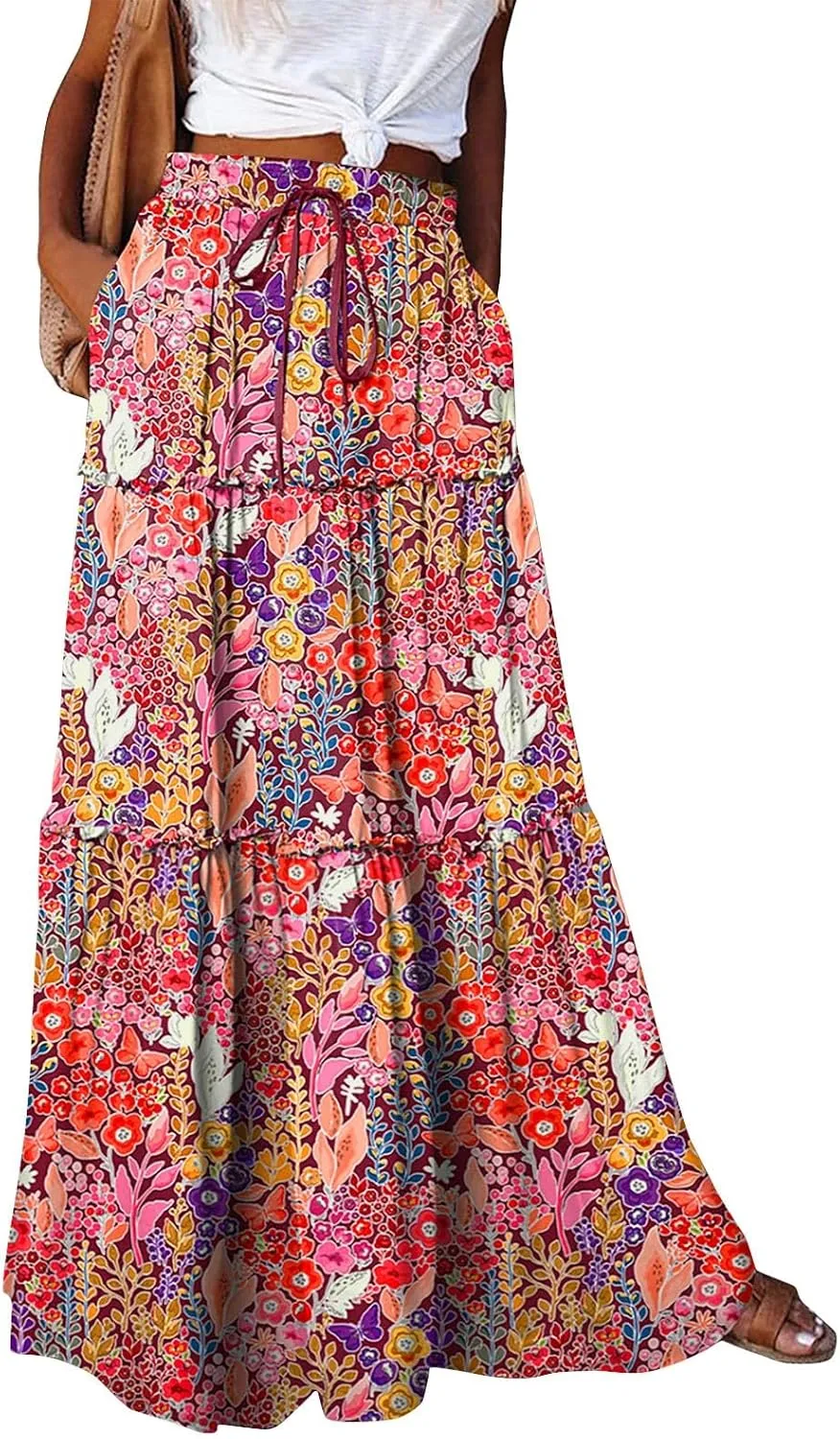Summer Maxi Dresses for Women 2025 Drawstring High Waisted A Line Skirt Loose Tiered Smocked Skirts Long with Pockets