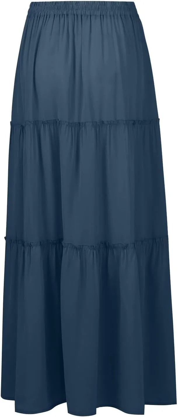 Summer Maxi Dresses for Women 2025 Drawstring High Waisted A Line Skirt Loose Tiered Smocked Skirts Long with Pockets