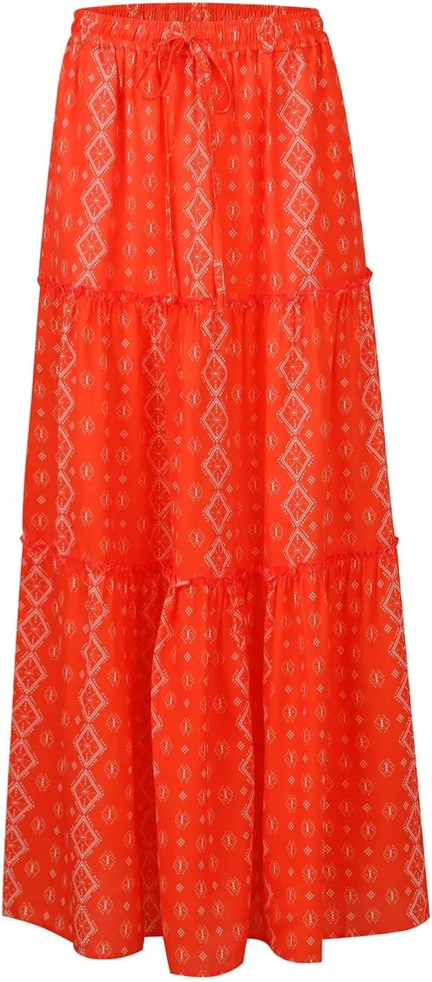Summer Maxi Dresses for Women 2025 Drawstring High Waisted A Line Skirt Loose Tiered Smocked Skirts Long with Pockets
