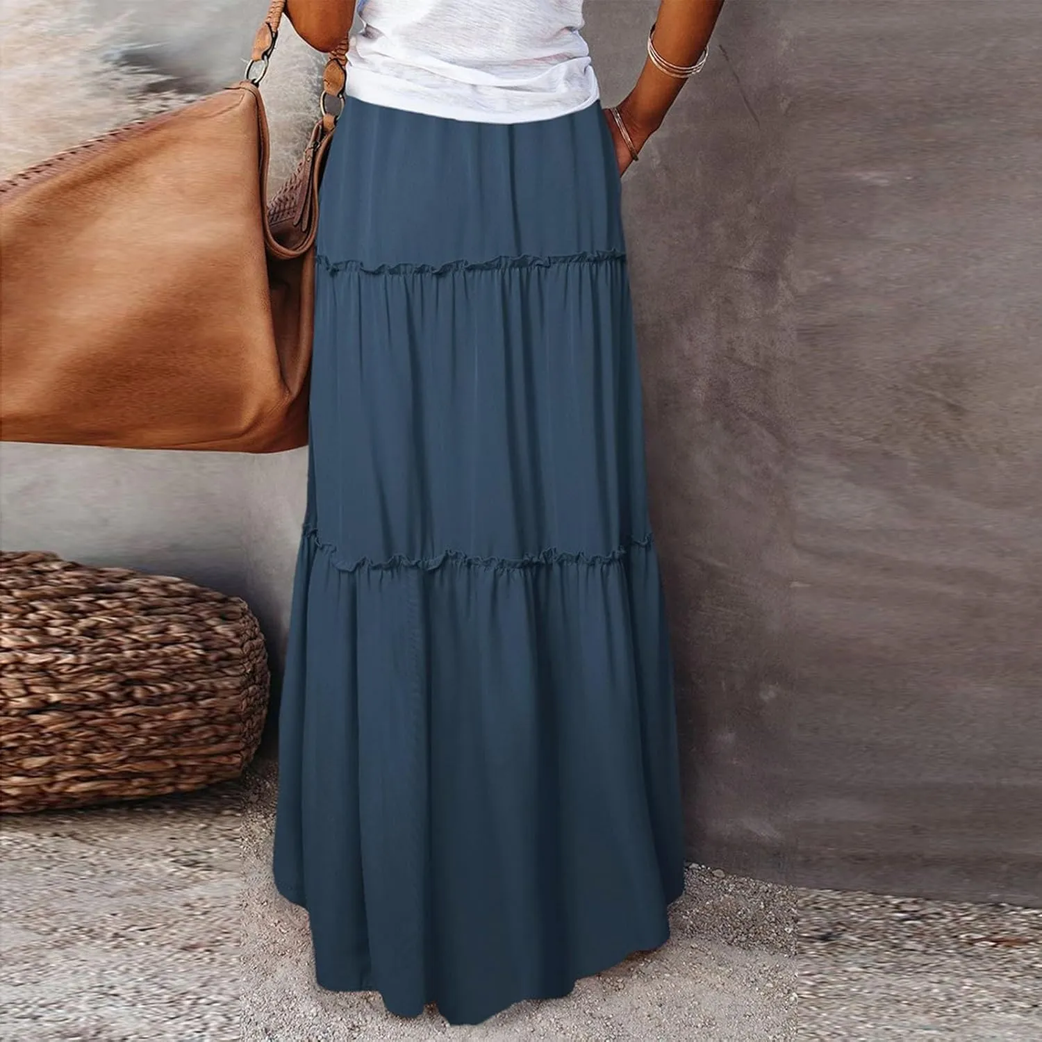 Summer Maxi Dresses for Women 2025 Drawstring High Waisted A Line Skirt Loose Tiered Smocked Skirts Long with Pockets