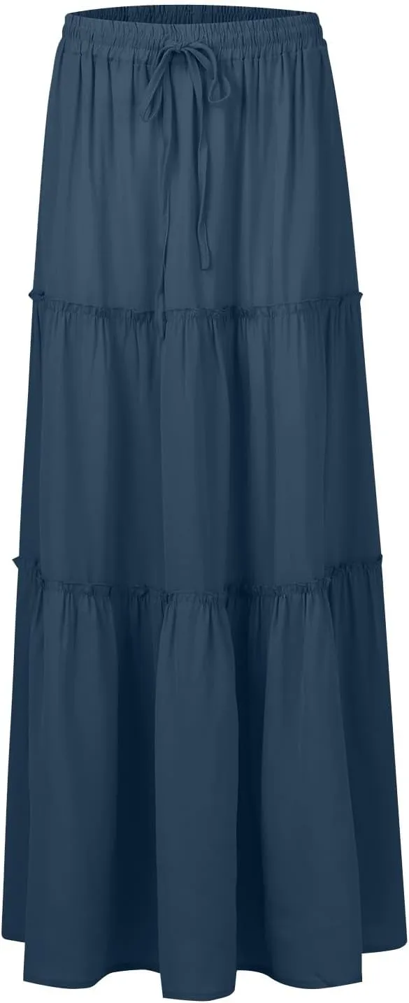 Summer Maxi Dresses for Women 2025 Drawstring High Waisted A Line Skirt Loose Tiered Smocked Skirts Long with Pockets