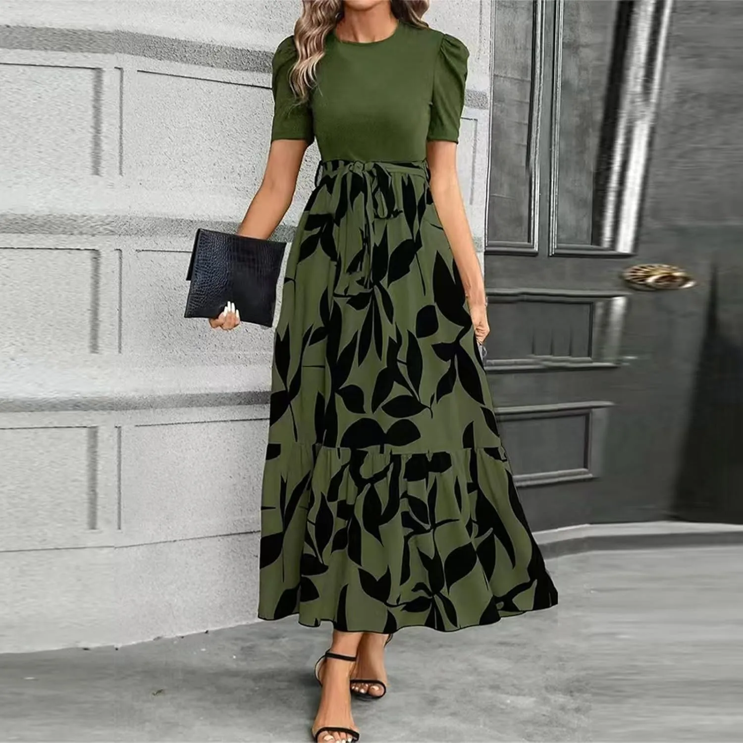 Summer Maxi Dresses for Women 2025 Modest Patchwork Short Sleeve Wrap Teacher Dress Boho Beach Wedding Guest Dresses