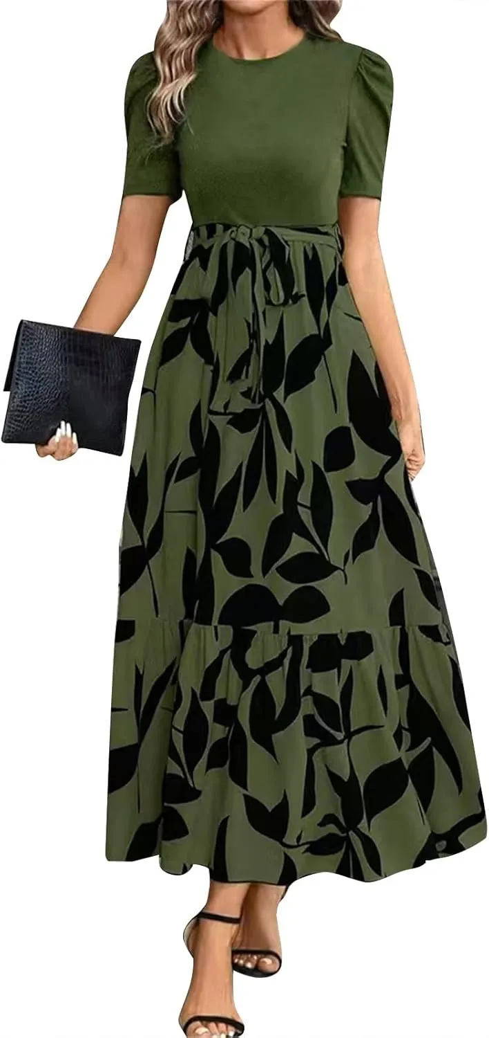 Summer Maxi Dresses for Women 2025 Modest Patchwork Short Sleeve Wrap Teacher Dress Boho Beach Wedding Guest Dresses