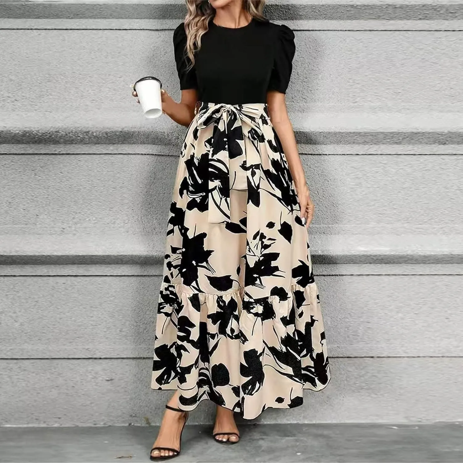 Summer Maxi Dresses for Women 2025 Modest Patchwork Short Sleeve Wrap Teacher Dress Boho Beach Wedding Guest Dresses