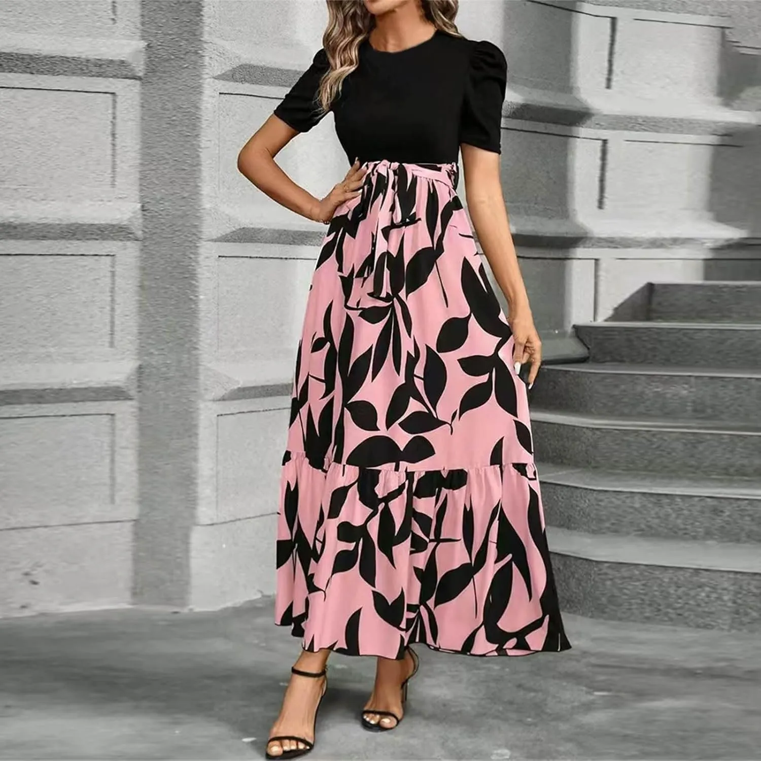 Summer Maxi Dresses for Women 2025 Modest Patchwork Short Sleeve Wrap Teacher Dress Boho Beach Wedding Guest Dresses