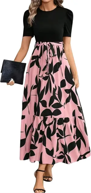 Summer Maxi Dresses for Women 2025 Modest Patchwork Short Sleeve Wrap Teacher Dress Boho Beach Wedding Guest Dresses