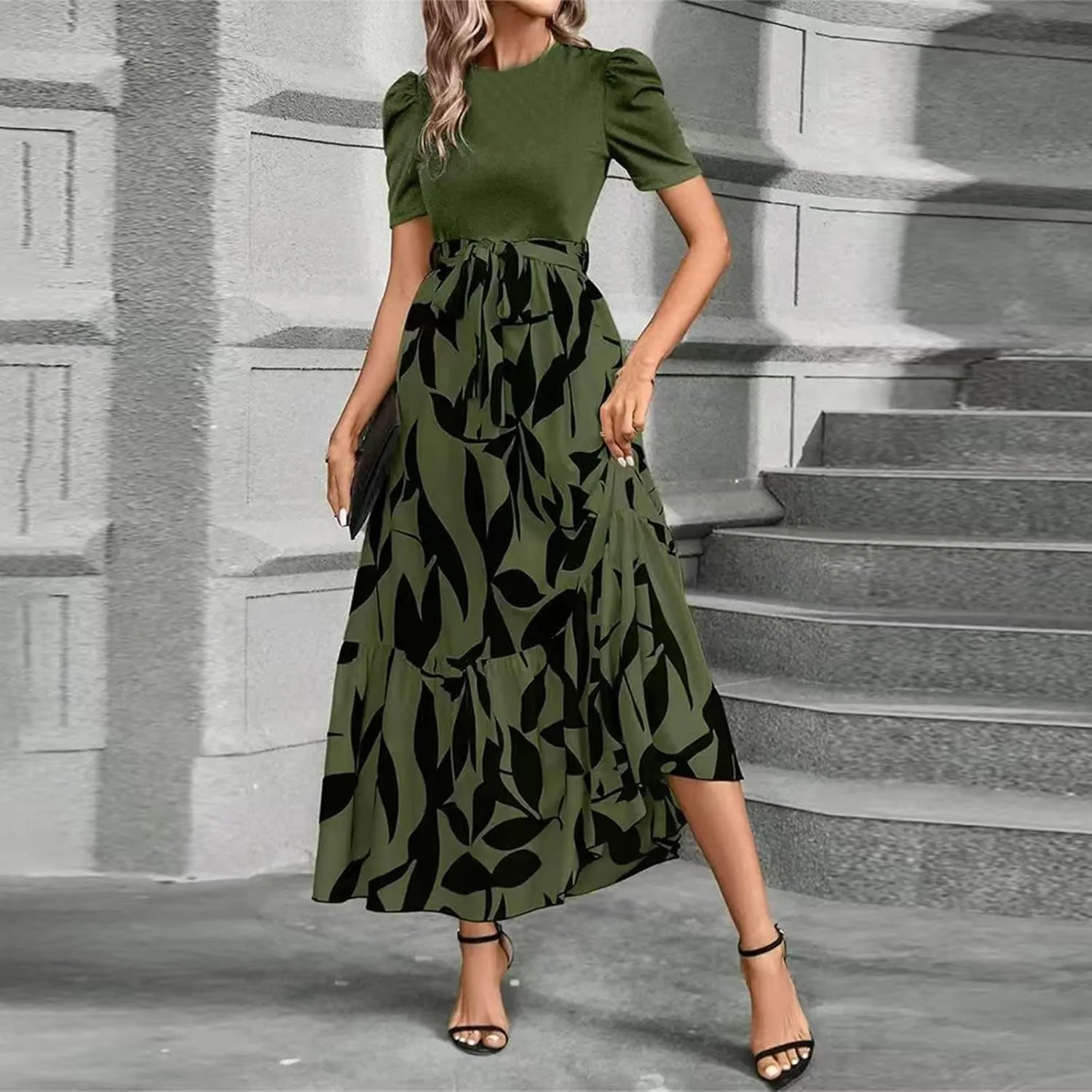 Summer Maxi Dresses for Women 2025 Modest Patchwork Short Sleeve Wrap Teacher Dress Boho Beach Wedding Guest Dresses