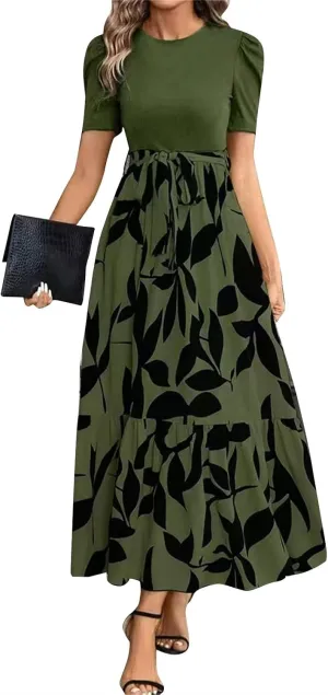 Summer Maxi Dresses for Women 2025 Modest Patchwork Short Sleeve Wrap Teacher Dress Boho Beach Wedding Guest Dresses