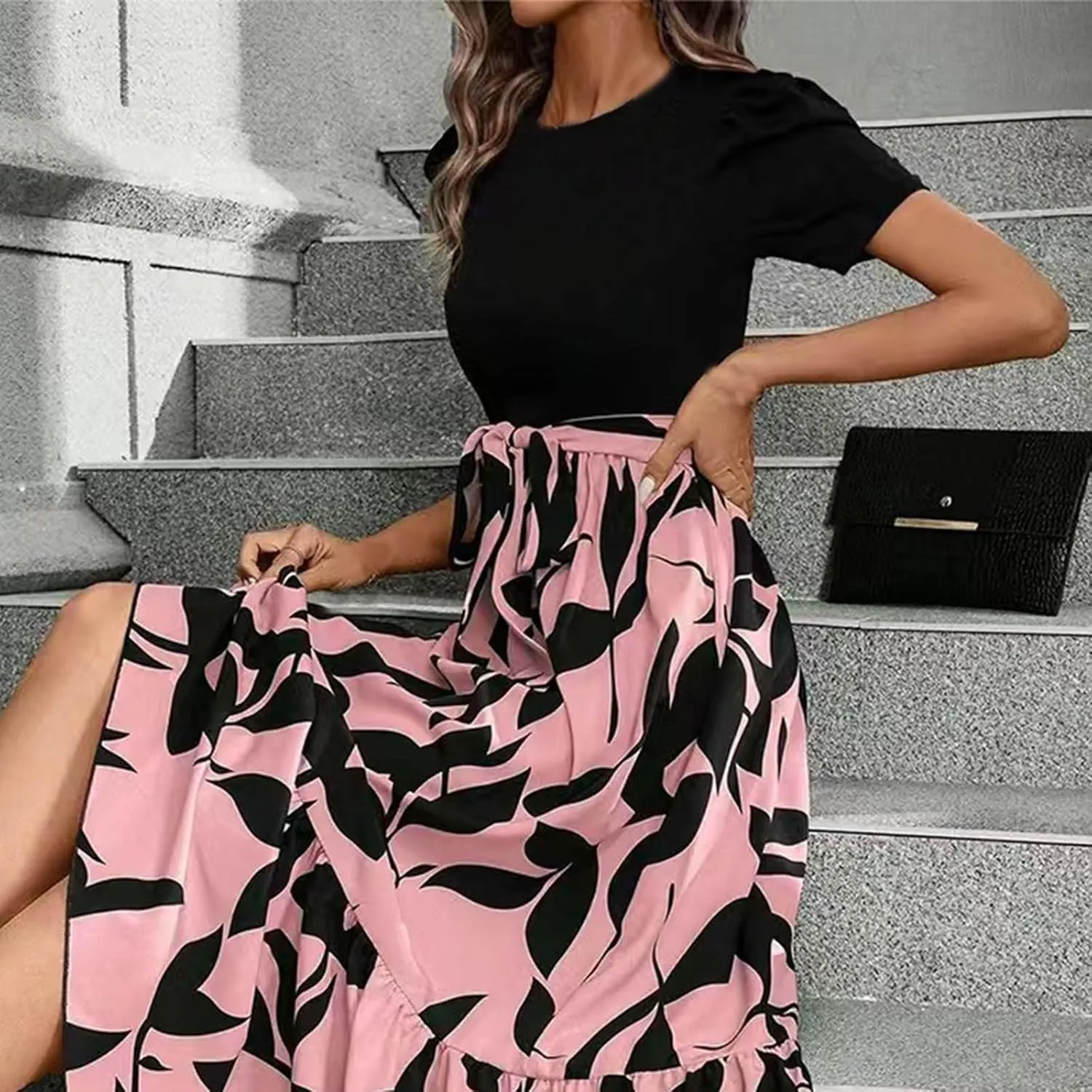 Summer Maxi Dresses for Women 2025 Modest Patchwork Short Sleeve Wrap Teacher Dress Boho Beach Wedding Guest Dresses